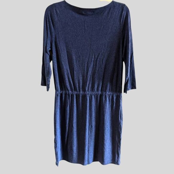 L.L. Bean Dress Women’s Size Small Blue Knit V-Neck 3/4 Sleeve Adjustable Waist - Picture 3 of 8